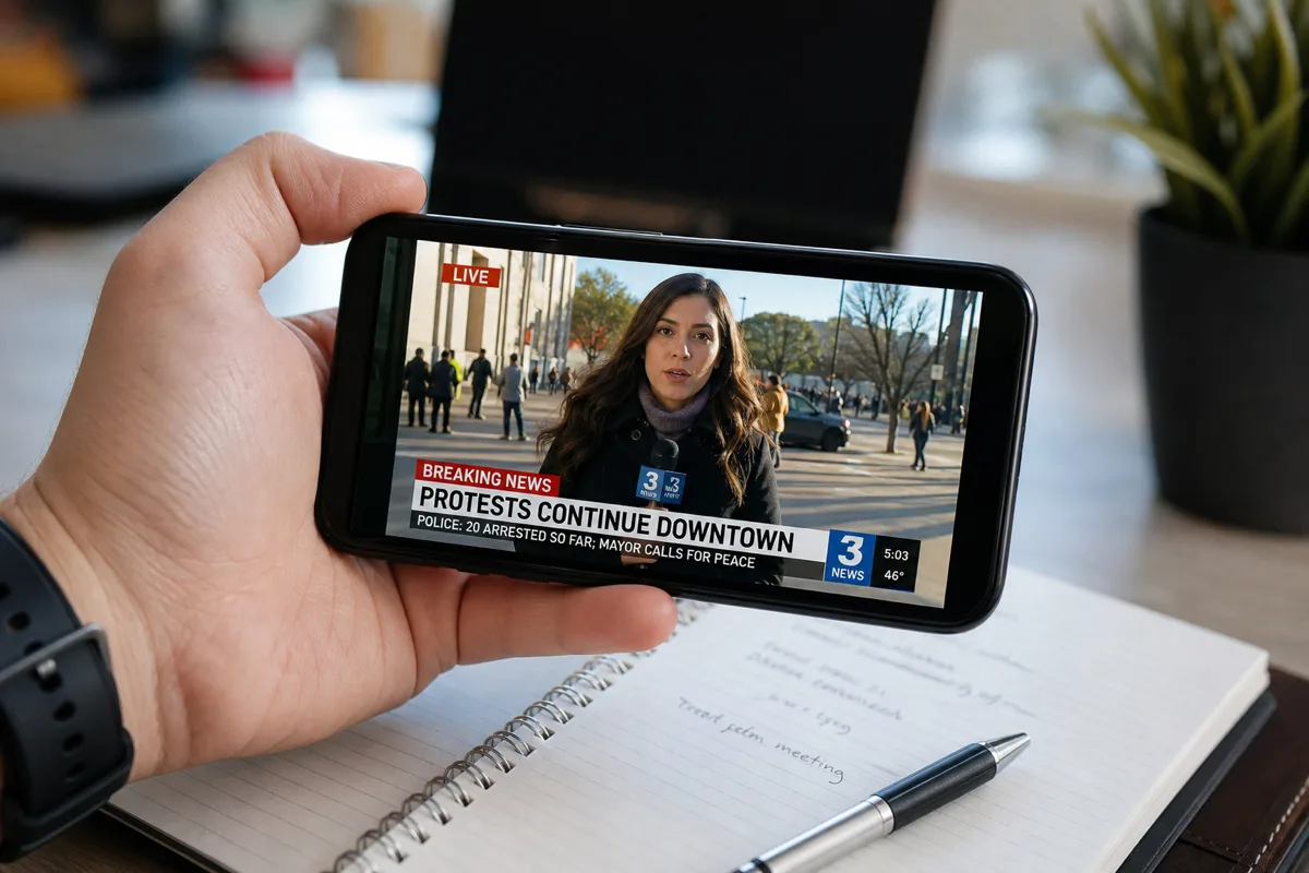 Smartphone mostrando feed de transmissão sobre mesa de escritório
