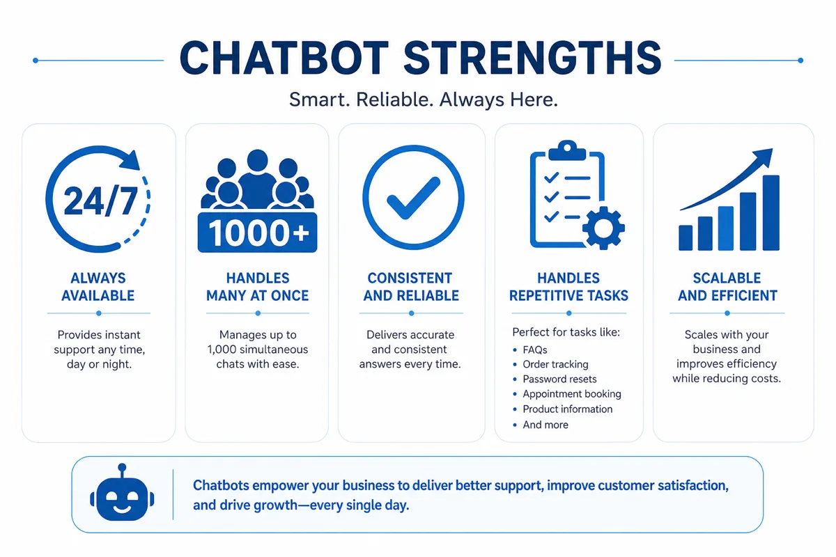 Infográfico com ícones de pontos fortes do chatbot