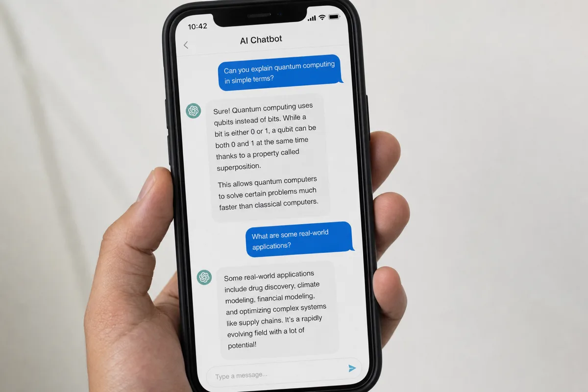 Tela de smartphone mostrando conversa com chatbot AI