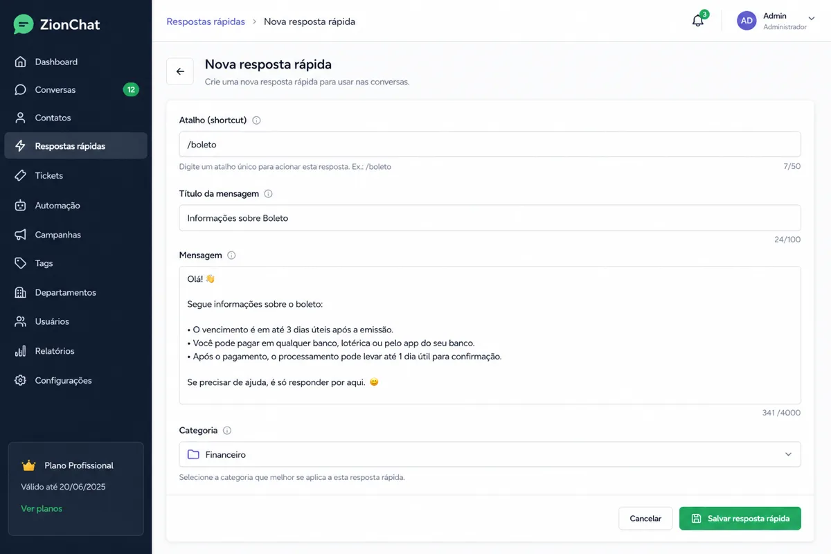 Interface administrativa criando resposta rápida no sistema SaaS