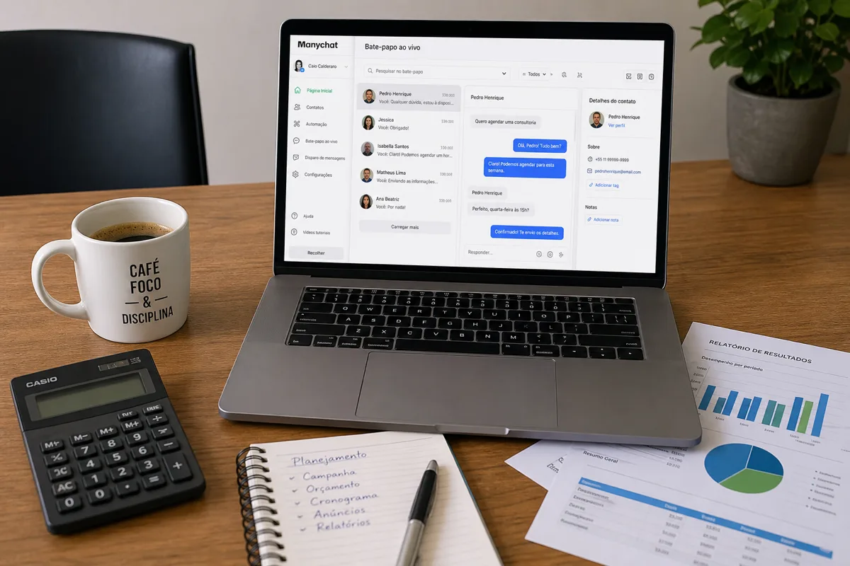 Calculadora, caderno e documentos com dashboard no laptop