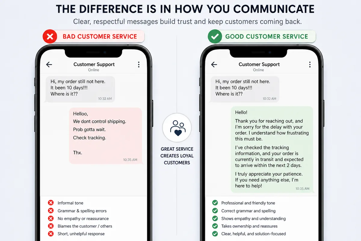 Comparação de mensagens de atendimento ao cliente em celulares
