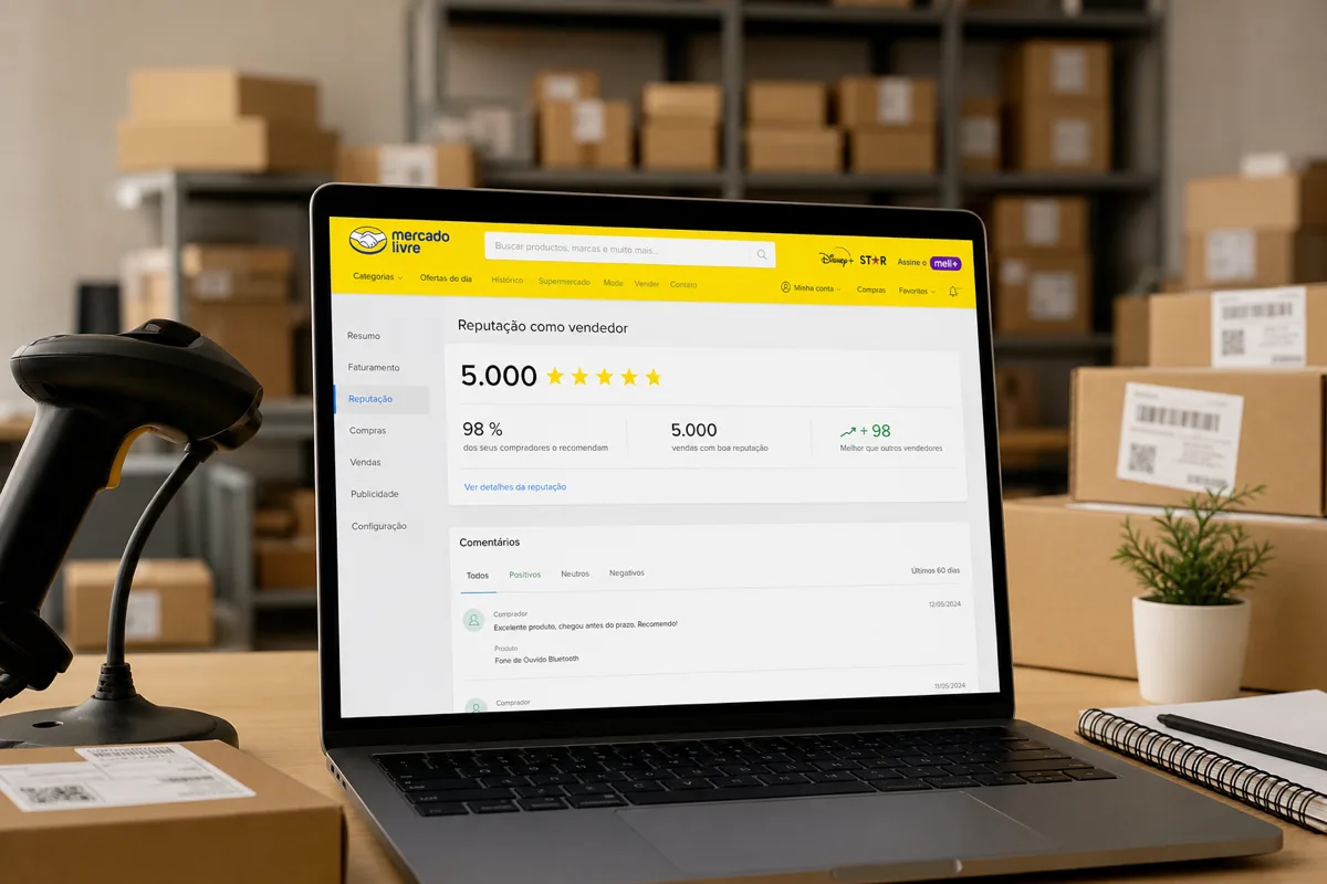 Laptop com avaliação alta Mercado Livre e pacotes para envio