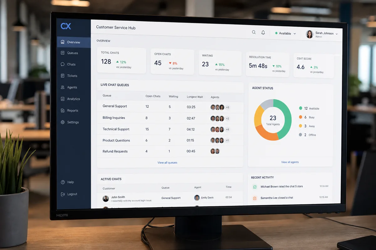 Monitor com painel de gestão de atendimento ao cliente