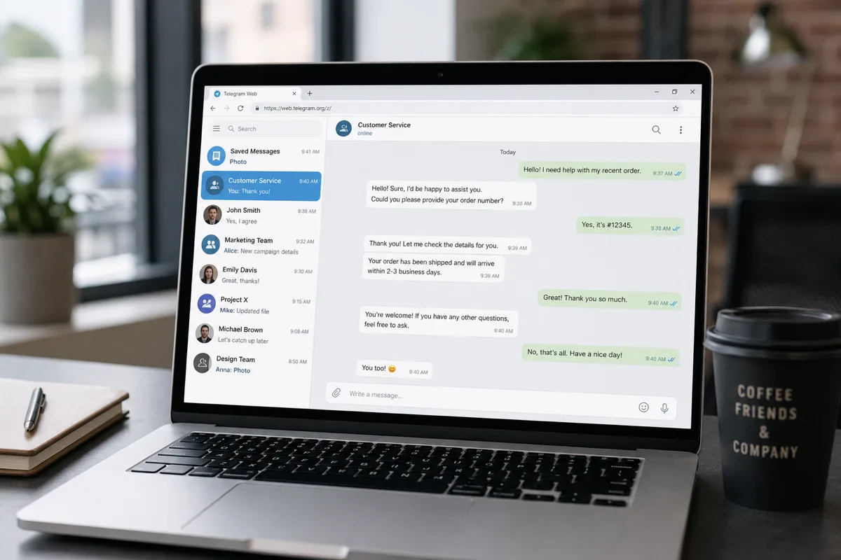 laptop com atendimento ao cliente aberto no Telegram