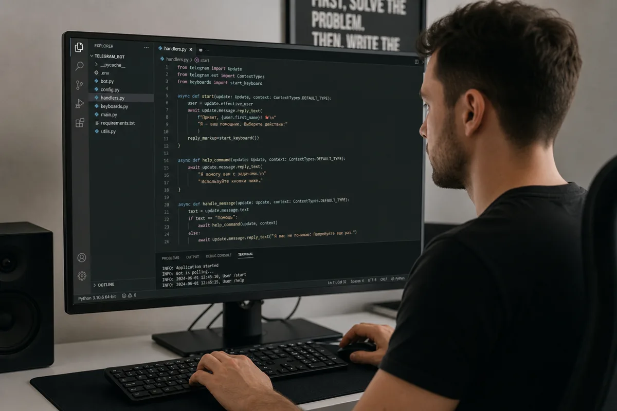 desenvolvedor programando integração de bot Telegram