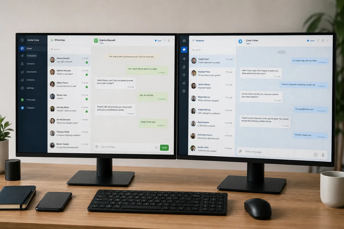 duas telas com conversas WhatsApp e Telegram lado a lado