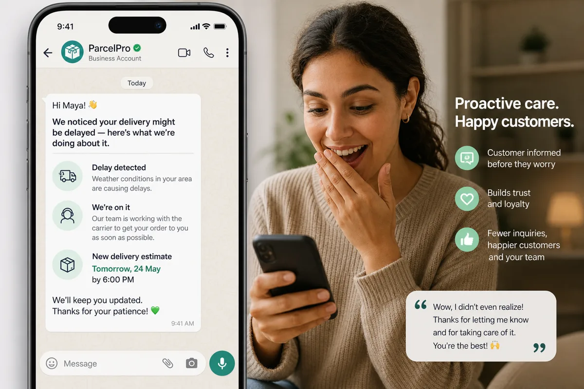Cliente feliz recebendo mensagem proativa no WhatsApp