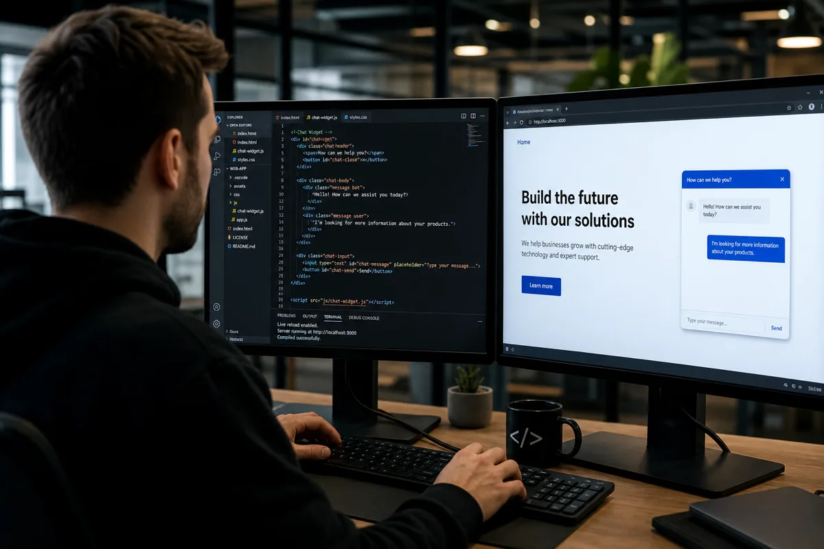 Desenvolvedor web programando chat widget em setup com dois monitores